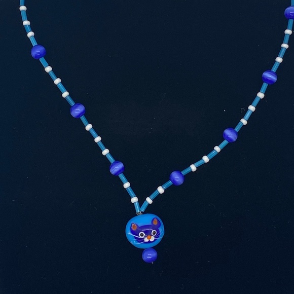 Children's Blue Beaded Cat Necklace - Picture 1 of 5